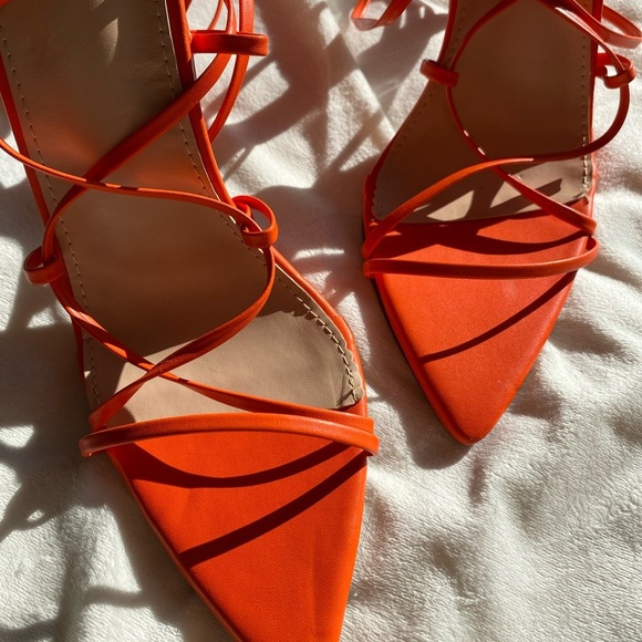 Bright Orange Lace-Up Strappy Women's Heels Pointy Toe - Picture 5 of 9